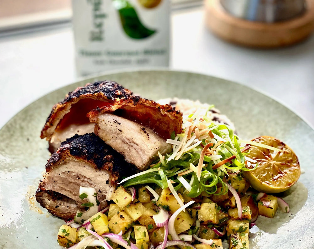 Coffee Spiced Pork Belly with Grilled Pineapple Salsa